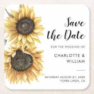 水彩ひまわりスクリプト結婚式 Save the Date スクエアペーパーコースター