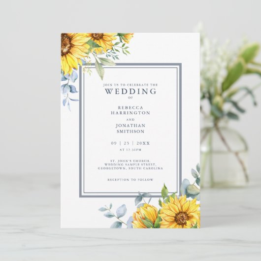 水彩ひまわりネイビーブルー結婚式招待状 (スタンド正面)