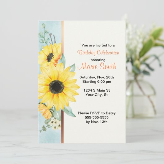 水彩ひまわりパーティー招待状 - 編集可能 招待状 (スタンド正面)