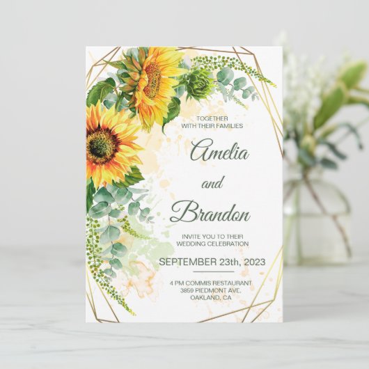 水彩ひまわりフェイク花ゴールドフォイル結婚フレーム 招待状 (スタンド正面)