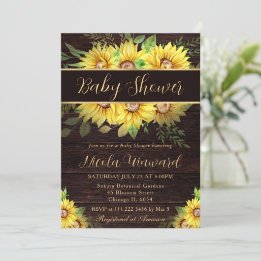 水彩ひまわりフレーム縁どベビーシャワー 招待状 (スタンド正面)