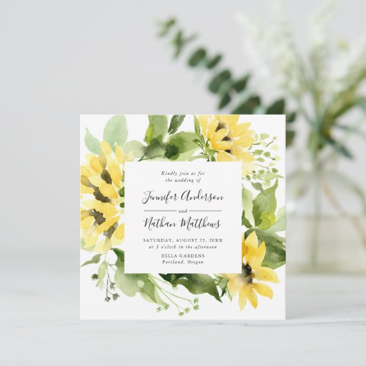 水彩ひまわりフローラフレーム結婚スクエア 招待状 (スタンド正面)