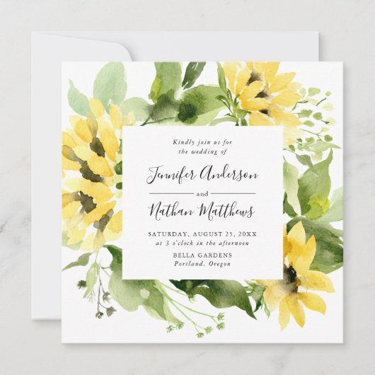 水彩ひまわりフローラフレーム結婚スクエア 招待状 (正面)