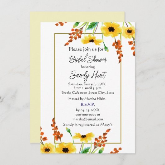 水彩ひまわりフローラブライダルシャワー 招待状 (正面/裏面)