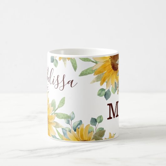 水彩ひまわりフローラモノグラム名 コーヒーマグカップ (中央)