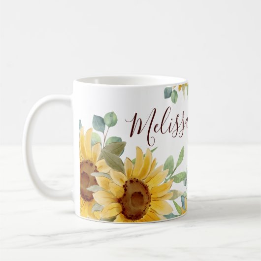 水彩ひまわりフローラモノグラム名 コーヒーマグカップ (左)