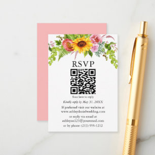 水彩ひまわりフローラ結婚のQR RSVPピンク エンクロージャーカード