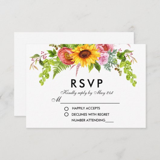 水彩ひまわりフローラ結婚式RSVP 出欠カード (正面/裏面)