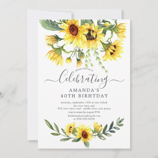 水彩ひまわりフローラ誕生日パーティー 招待状 (正面)