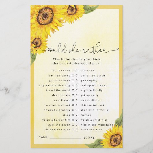 水彩ひまわりブライダルシャワーゲーム (正面)