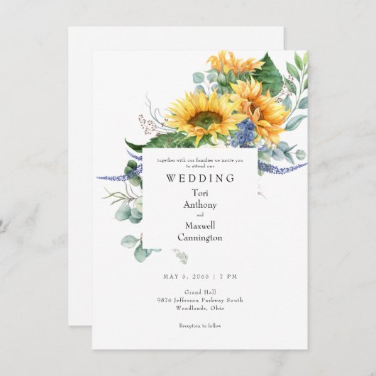 水彩ひまわりホワイトウェディング 招待状 (正面/裏面)