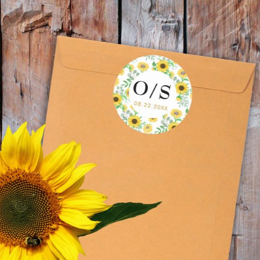 水彩ひまわりモノグラム封筒用シール ラウンドシール