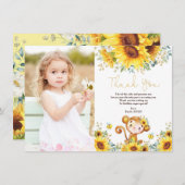 水彩ひまわりモンキーベビーガール誕生日 サンキューカード (正面/裏面)