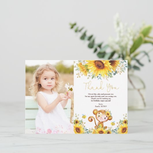 水彩ひまわりモンキーベビーガール誕生日 サンキューカード (スタンド正面)