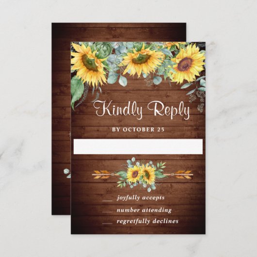 水彩ひまわりユーカリ結婚式出欠確認カード 出欠カード (正面/裏面)