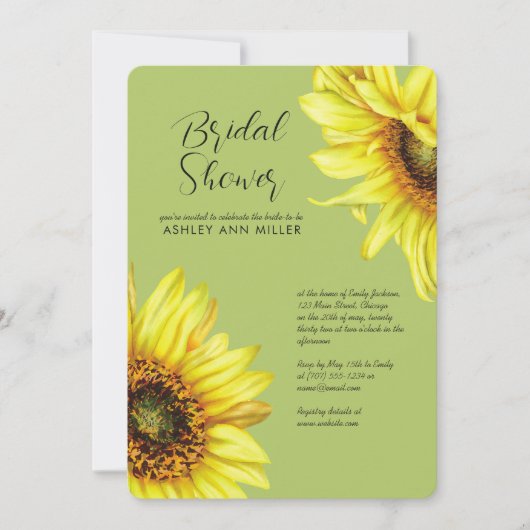 水彩ひまわりライトグリーンウェディングシャワー 招待状 (正面)