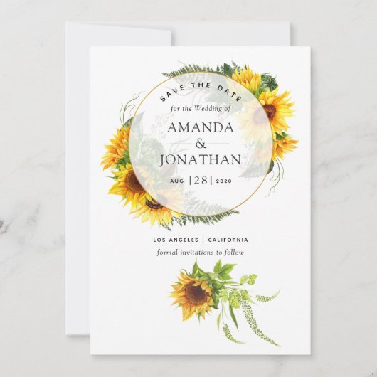 水彩ひまわりラスティック幾何学ウェディング セーブザデート (正面)
