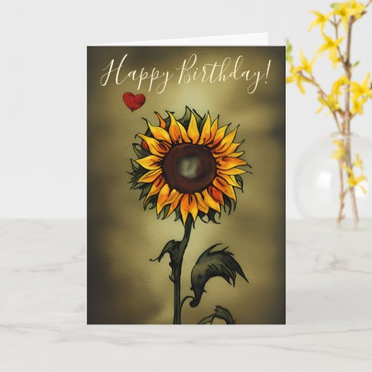 水彩ひまわりラブフラワー誕生日 カード (黄色い花)