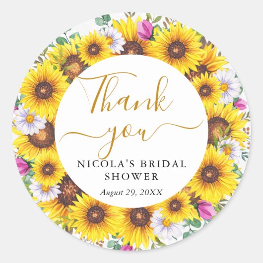 水彩ひまわりリース ブライダルシャワー ラウンドシール (正面)