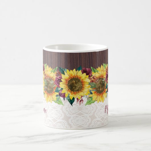 水彩ひまわりレースウッド素朴名 コーヒーマグカップ (中央)