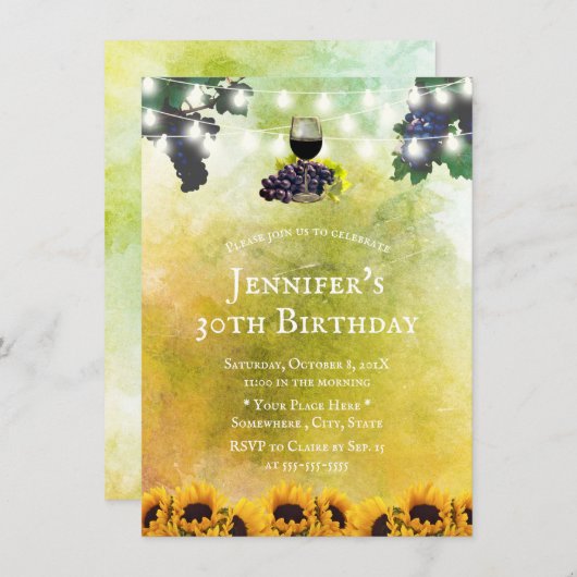 水彩ひまわりワイン30歳の誕生日 招待状 (正面/裏面)