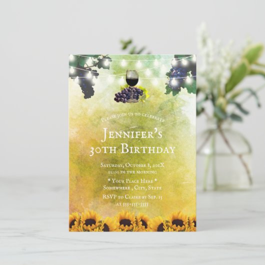 水彩ひまわりワイン30歳の誕生日 招待状 (スタンド正面)
