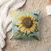 水彩ひまわり及びミツバチ クッション (ブランケット)