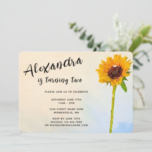 水彩ひまわり子の任意の年齢誕生日 招待状 (スタンド正面)