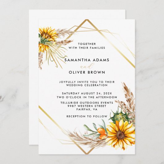 水彩ひまわり幾何素朴結婚の 招待状 (正面/裏面)