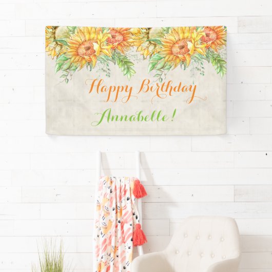 水彩ひまわり明るいオレンジ色イエローグリーン 横断幕 (インサイチュ)