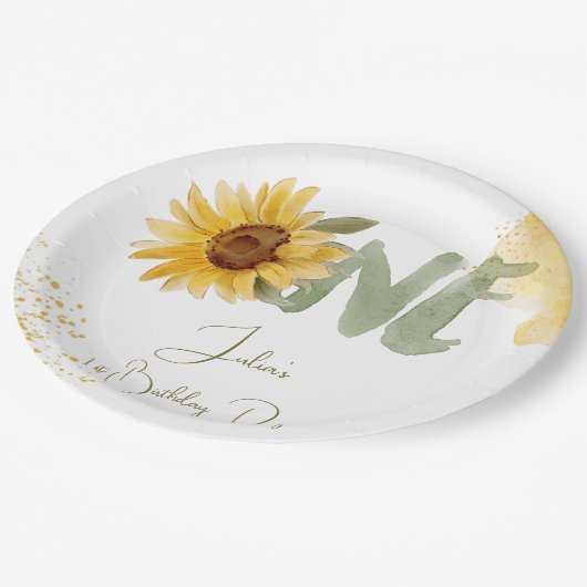水彩ひまわり最初の誕生日 ペーパープレート (アングル)