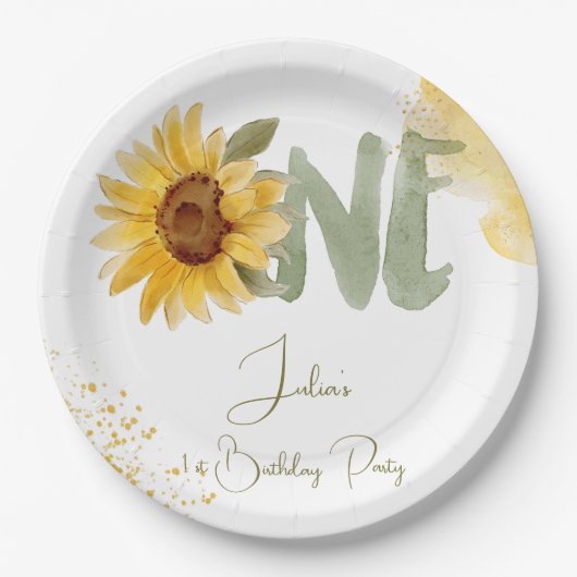 水彩ひまわり最初の誕生日 ペーパープレート (正面)