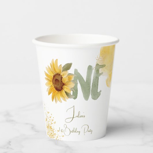 水彩ひまわり最初の誕生日 紙コップ (正面)