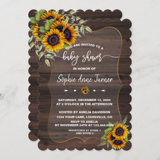 水彩ひまわり木筆跡ベビーシャワー 招待状 (正面/裏面)