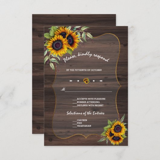 水彩ひまわり木製ウェディングRSVP 出欠カード (正面/裏面)