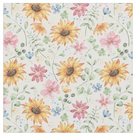 水彩ひまわり模様織物 ファブリック (クローズアップ)