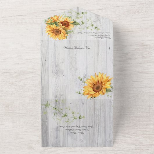 水彩ひまわり白い木材の上 オールインワン招待状 (外側)