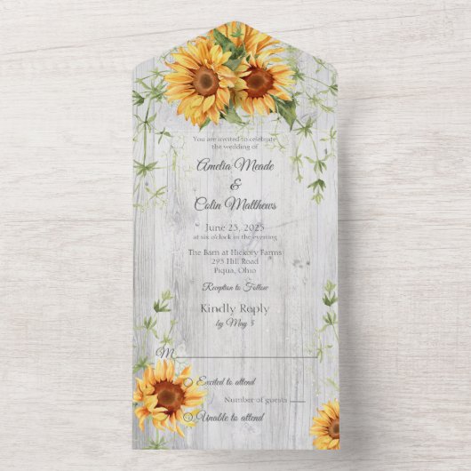 水彩ひまわり白い木材の上 オールインワン招待状 (内側)