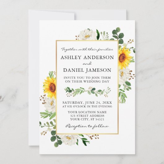水彩ひまわり白フローラ写真結婚ズ 招待状 (正面)