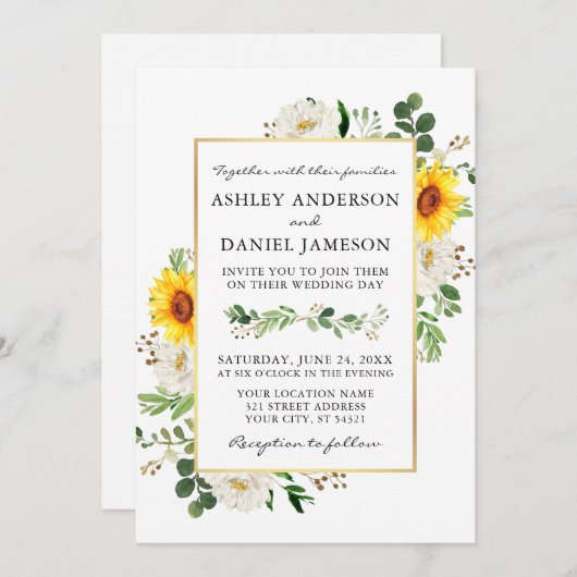 水彩ひまわり白フローラ写真結婚ズ 招待状 (正面/裏面)