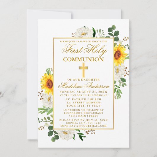 水彩ひまわり白フローラ第1聖餐式 招待状 (正面)