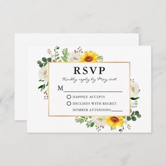 水彩ひまわり白フローラ金ゴールド 出欠カード (正面/裏面)