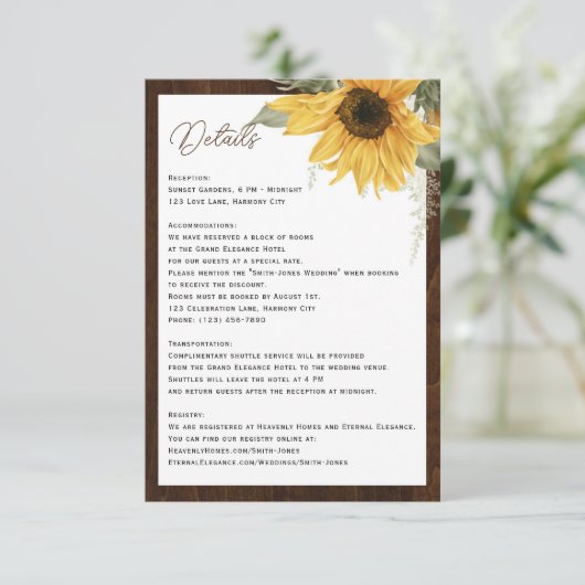 水彩ひまわり素朴な木結婚の詳細 エンクロージャーカード (スタンド正面)