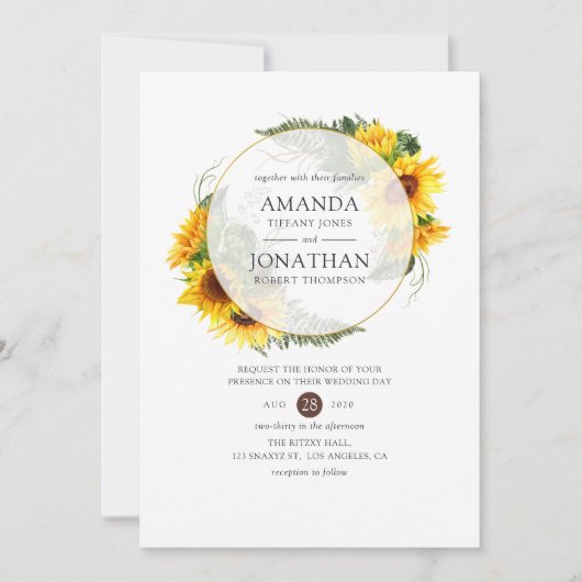 水彩ひまわり素朴幾何学模様結婚 招待状 (正面)