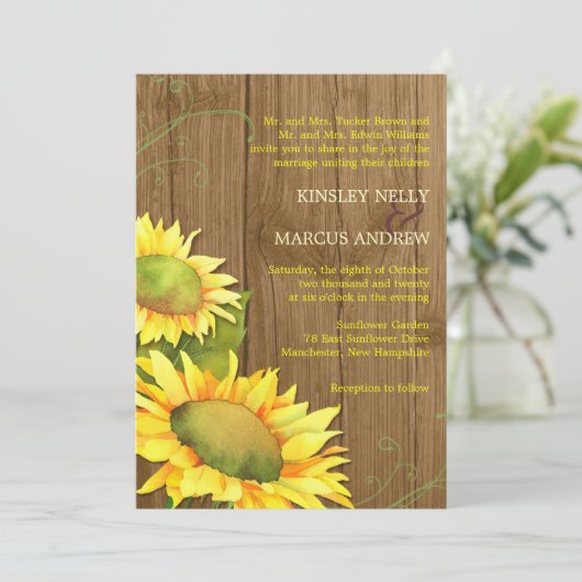 水彩ひまわり結婚と木目 招待状 (スタンド正面)