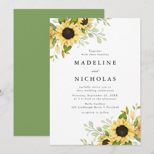 水彩ひまわり結婚と緑 招待状 (正面/裏面)