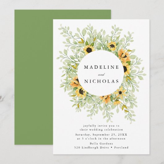 水彩ひまわり結婚と緑 招待状 (正面/裏面)