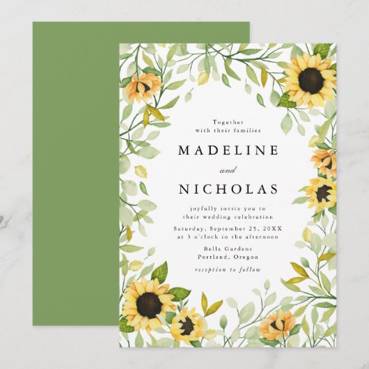 水彩ひまわり結婚と緑 招待状 (正面/裏面)