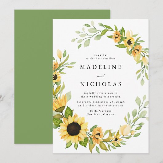 水彩ひまわり結婚と緑 招待状 (正面/裏面)