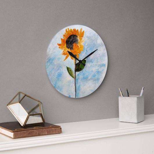 水彩ひまわり絵画の ラージ壁時計 (オフィス)
